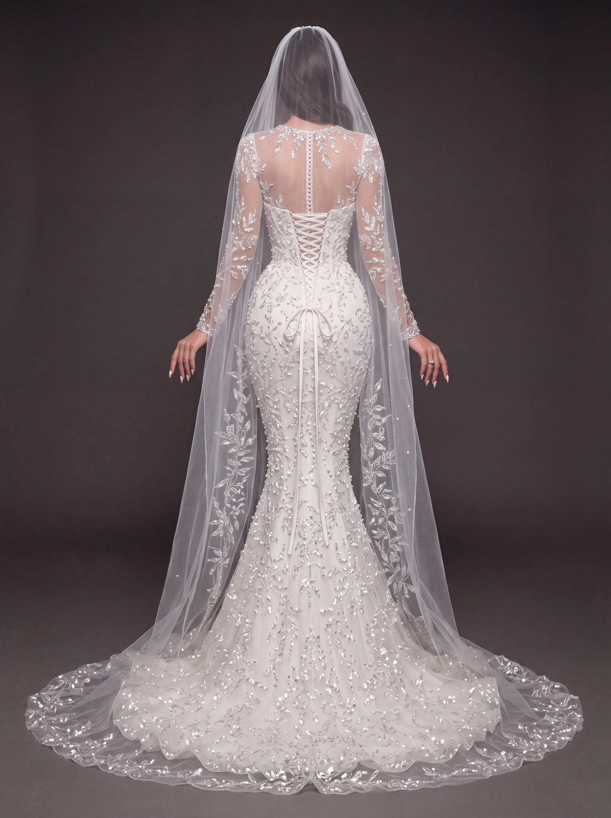 Illusion Long Sleeve Bridal Dress with Sweetheart Corset & Cathedral Veil – Ivory Crystal Embellished Mermaid Wedding Gown