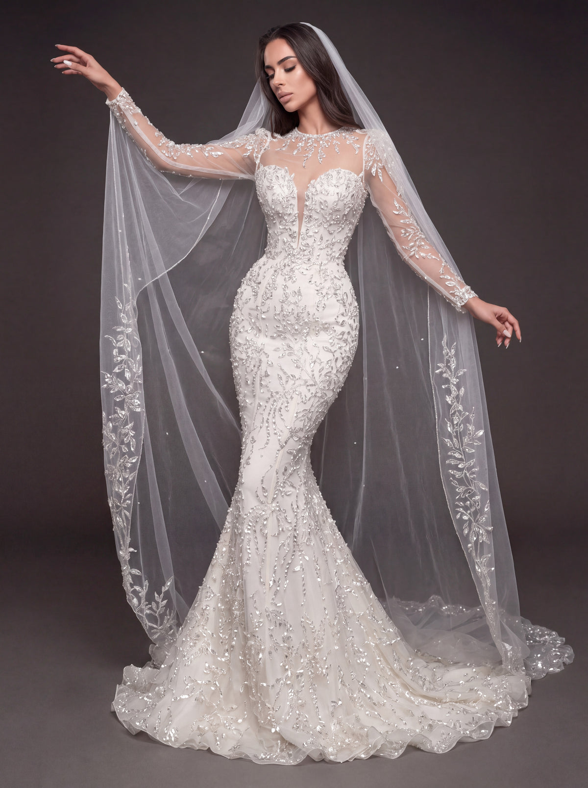 Illusion Long Sleeve Bridal Dress with Sweetheart Corset & Cathedral Veil – Ivory Crystal Embellished Mermaid Wedding Gown
