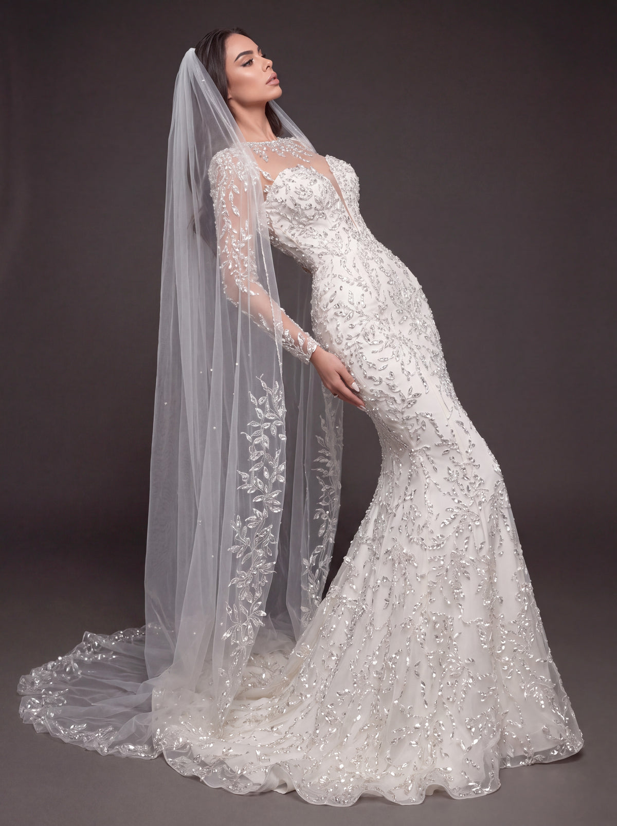 Illusion Long Sleeve Bridal Dress with Sweetheart Corset & Cathedral Veil – Ivory Crystal Embellished Mermaid Wedding Gown