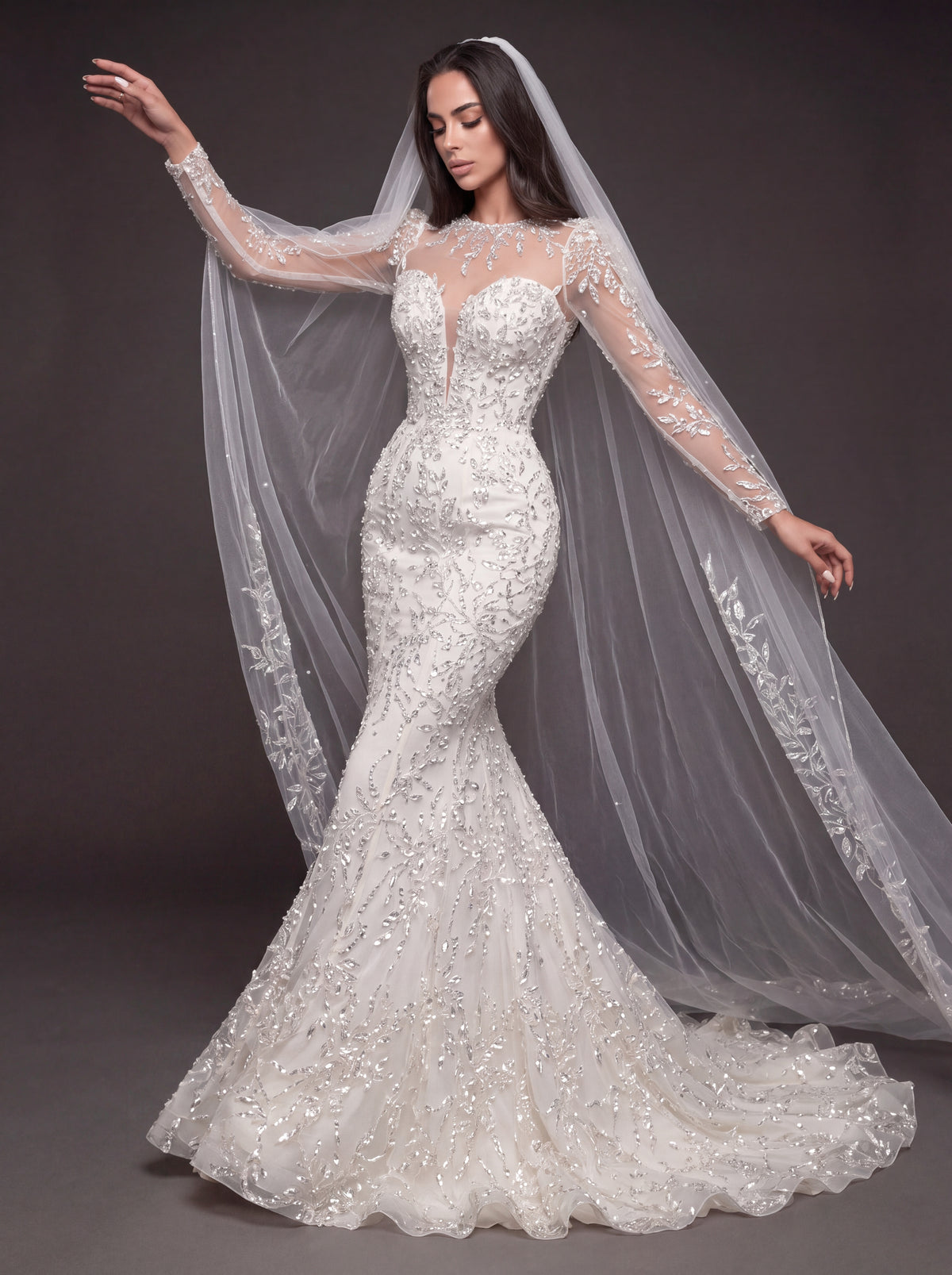 Illusion Long Sleeve Bridal Dress with Sweetheart Corset & Cathedral Veil – Ivory Crystal Embellished Mermaid Wedding Gown