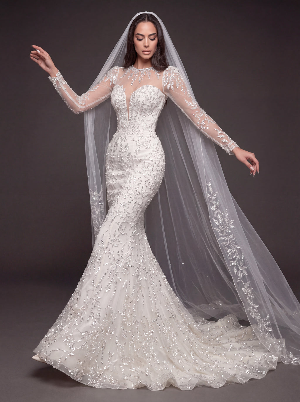 Illusion Long Sleeve Bridal Dress with Sweetheart Corset & Cathedral Veil – Ivory Crystal Embellished Mermaid Wedding Gown