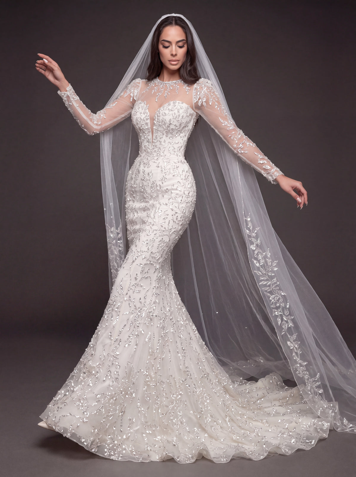 Illusion Long Sleeve Bridal Dress with Sweetheart Corset & Cathedral Veil – Ivory Crystal Embellished Mermaid Wedding Gown
