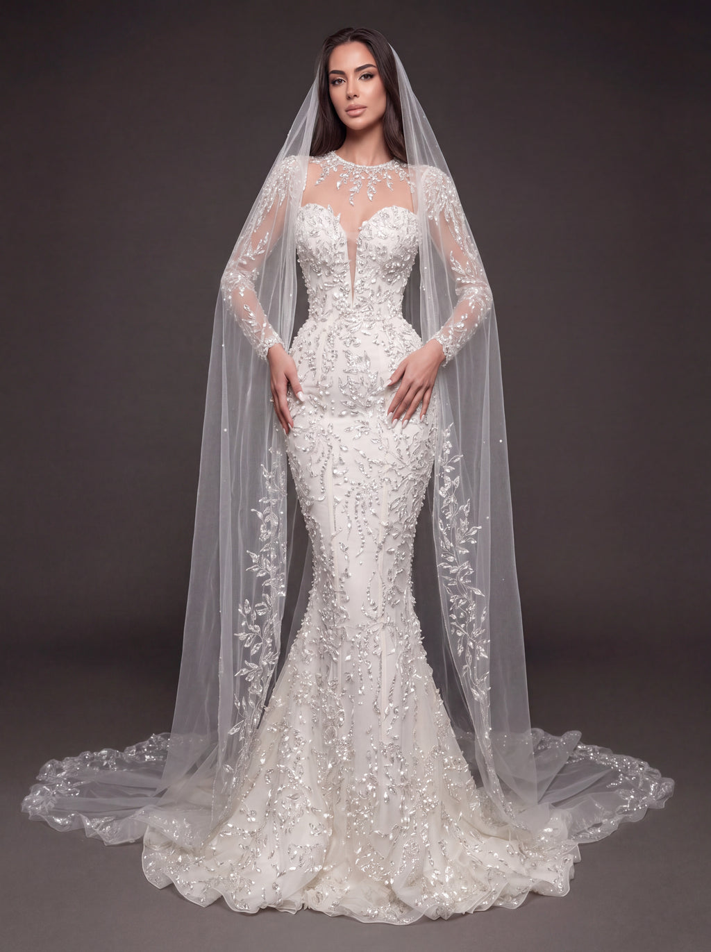 Illusion Long Sleeve Bridal Dress with Sweetheart Corset & Cathedral Veil – Ivory Crystal Embellished Mermaid Wedding Gown