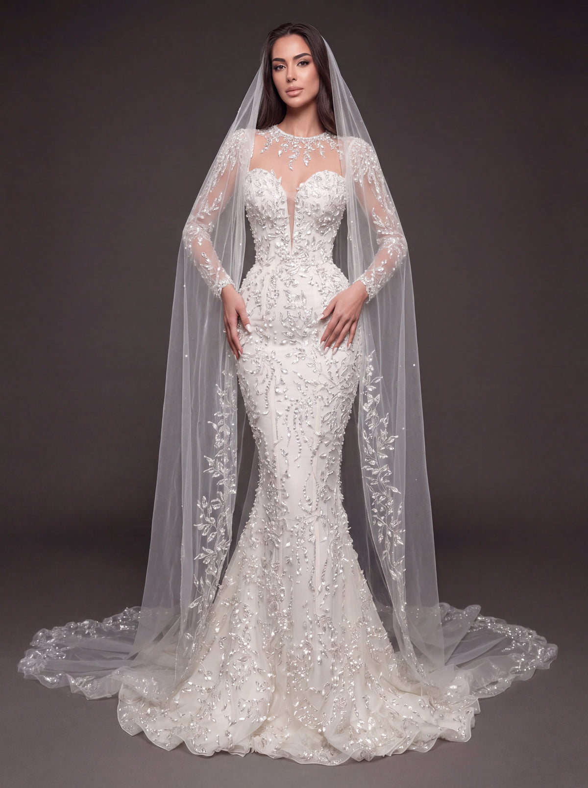 Illusion Long Sleeve Bridal Dress with Sweetheart Corset & Cathedral Veil – Ivory Crystal Embellished Mermaid Wedding Gown