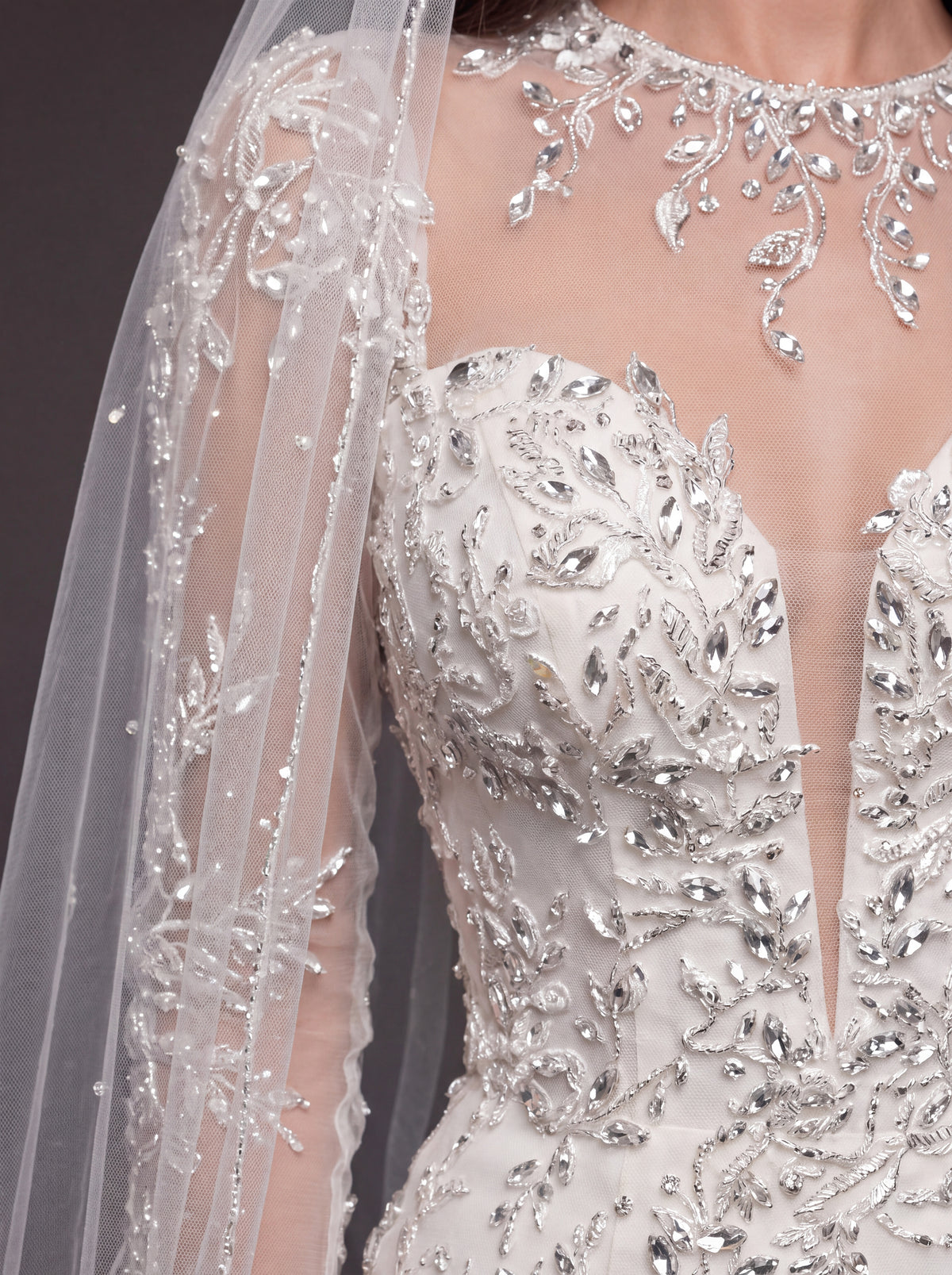 Illusion Long Sleeve Bridal Dress with Sweetheart Corset & Cathedral Veil – Ivory Crystal Embellished Mermaid Wedding Gown