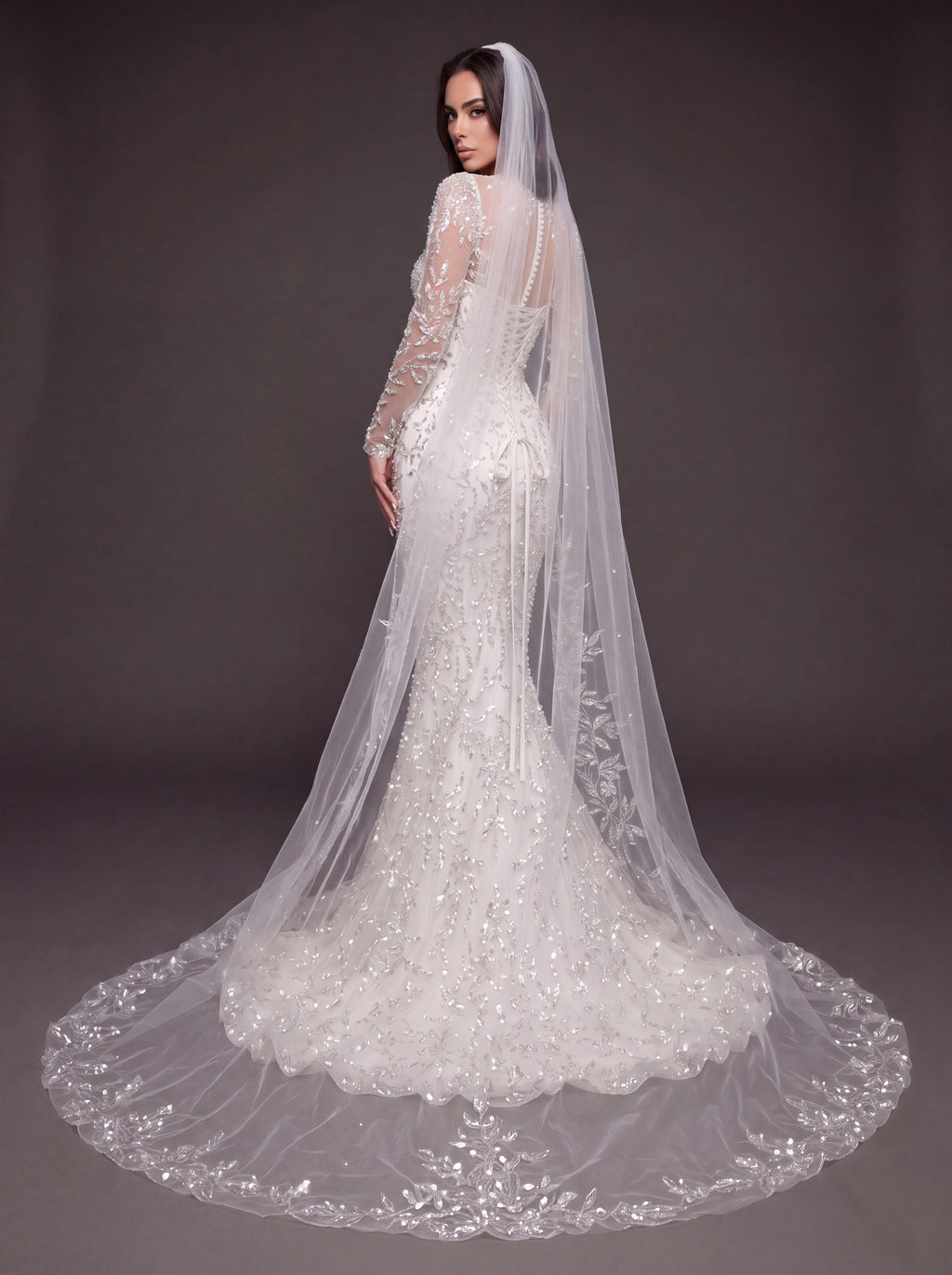 Illusion Long Sleeve Bridal Dress with Sweetheart Corset & Cathedral Veil – Ivory Crystal Embellished Mermaid Wedding Gown
