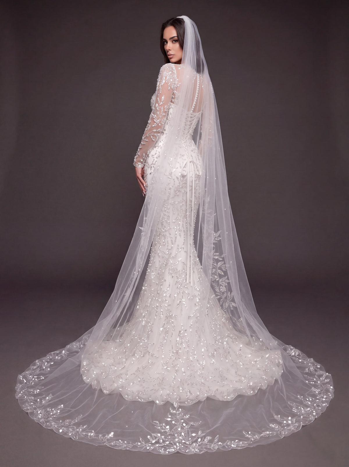 Illusion Long Sleeve Bridal Dress with Sweetheart Corset & Cathedral Veil – Ivory Crystal Embellished Mermaid Wedding Gown