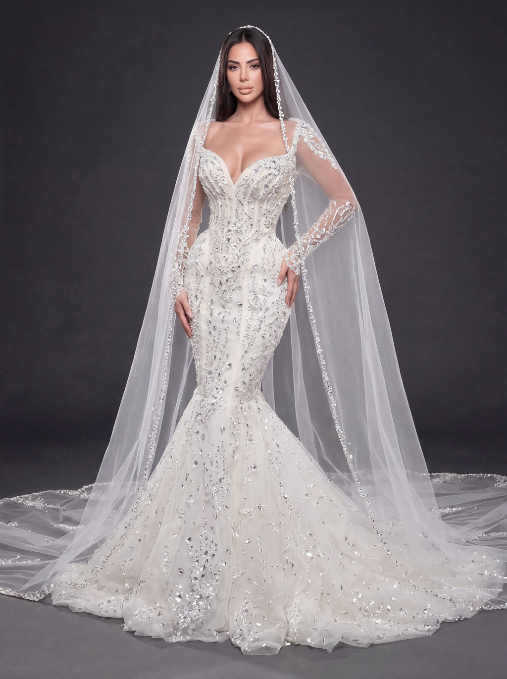Sweetheart Corset Bridal Dress with Illusion Sleeves & Long Veil – Ivory Crystal & Pearl Embellished Mermaid Wedding Gown