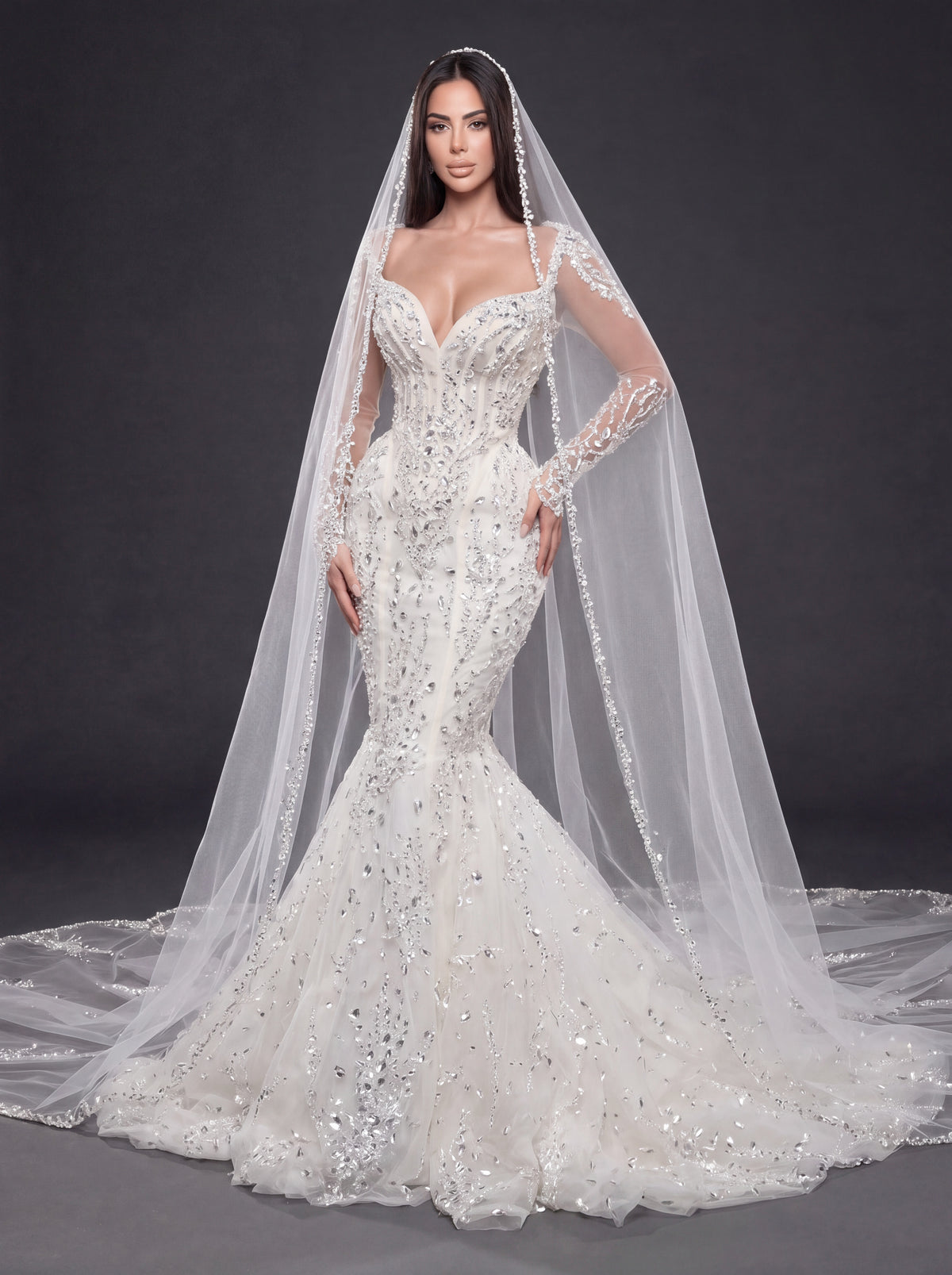 Sweetheart Corset Bridal Dress with Illusion Sleeves & Long Veil – Ivory Crystal & Pearl Embellished Mermaid Wedding Gown