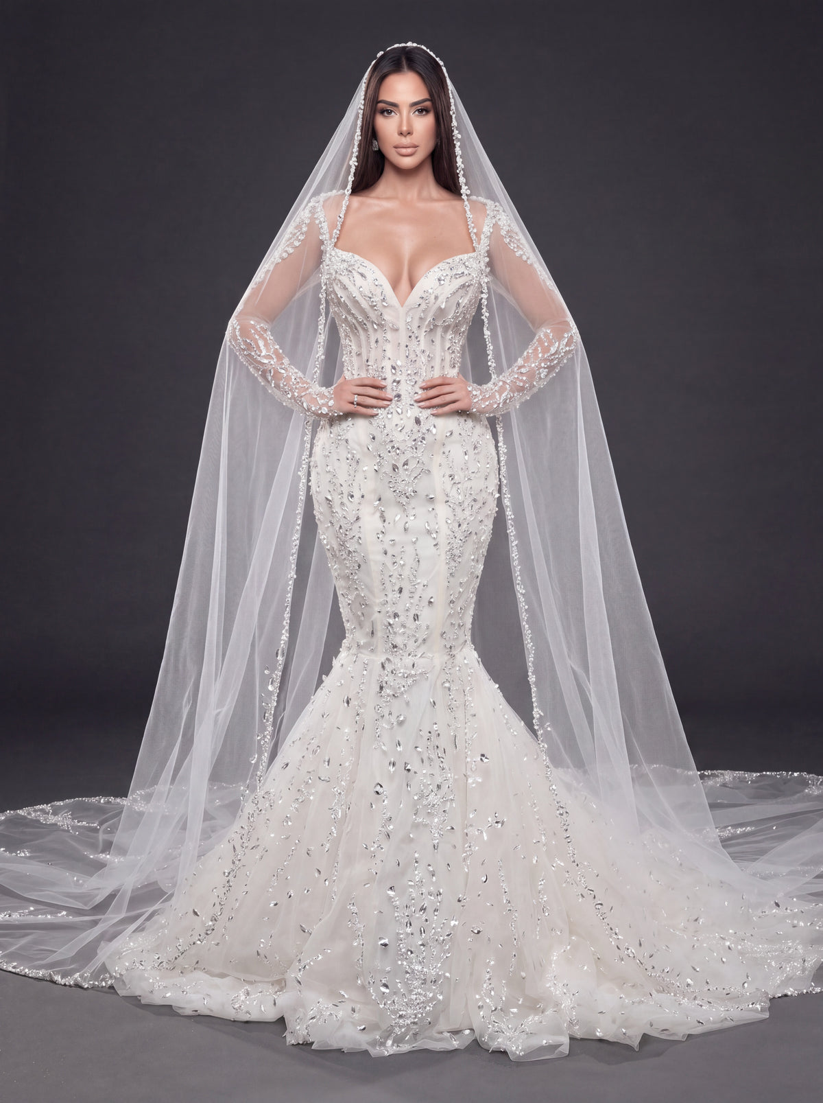 Sweetheart Corset Bridal Dress with Illusion Sleeves & Long Veil – Ivory Crystal & Pearl Embellished Mermaid Wedding Gown