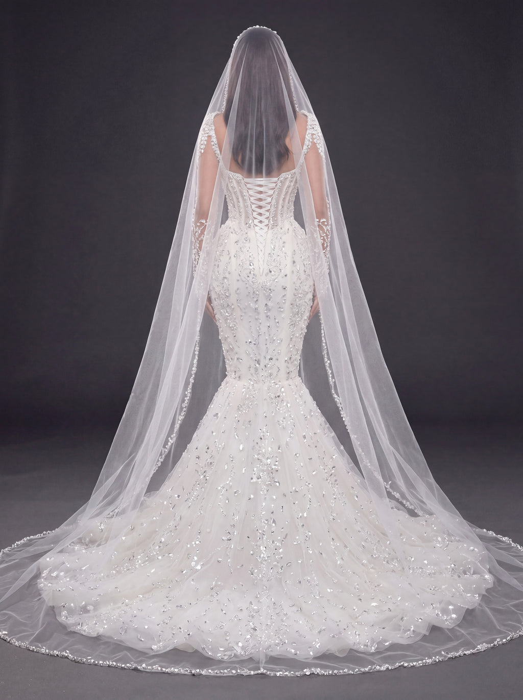 Sweetheart Corset Bridal Dress with Illusion Sleeves & Long Veil – Ivory Crystal & Pearl Embellished Mermaid Wedding Gown