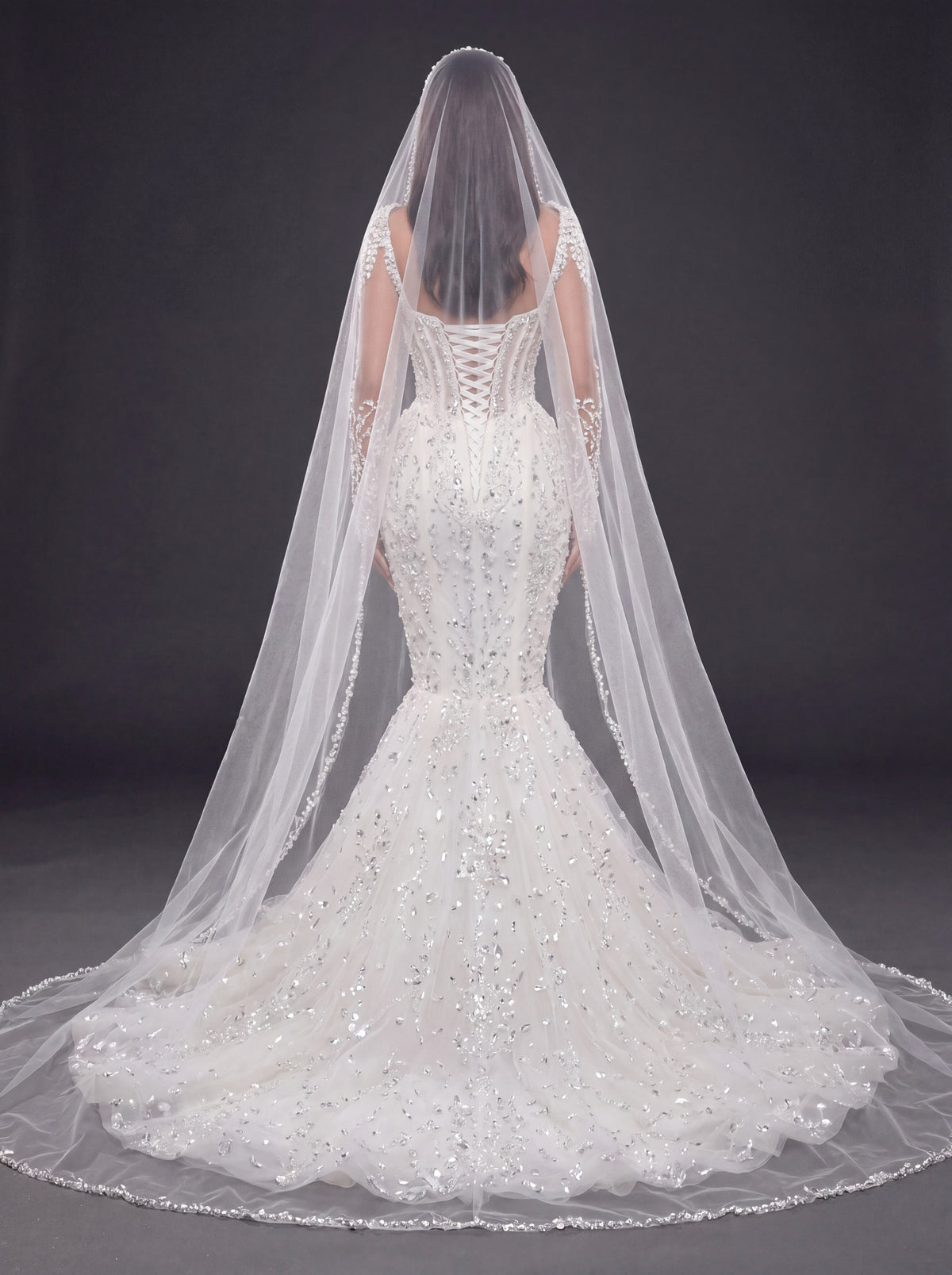 Sweetheart Corset Bridal Dress with Illusion Sleeves & Long Veil – Ivory Crystal & Pearl Embellished Mermaid Wedding Gown