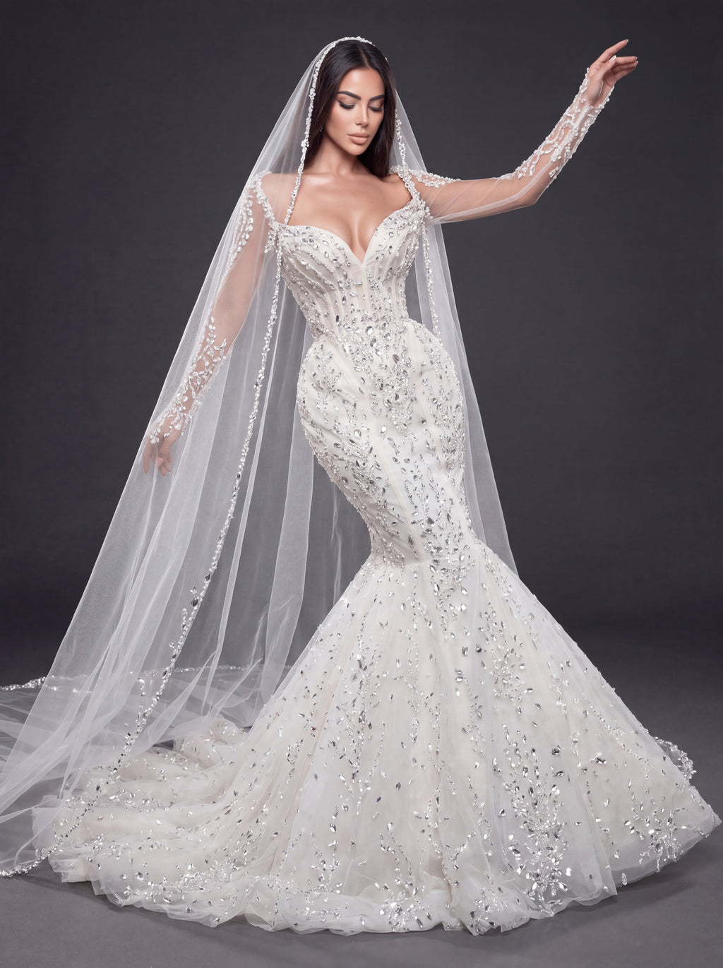Sweetheart Corset Bridal Dress with Illusion Sleeves & Long Veil – Ivory Crystal & Pearl Embellished Mermaid Wedding Gown