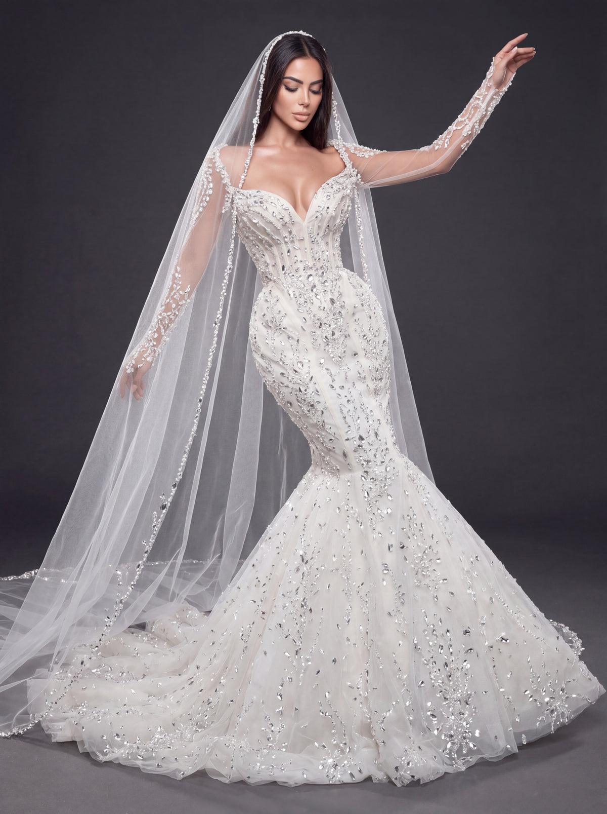 Sweetheart Corset Bridal Dress with Illusion Sleeves & Long Veil – Ivory Crystal & Pearl Embellished Mermaid Wedding Gown