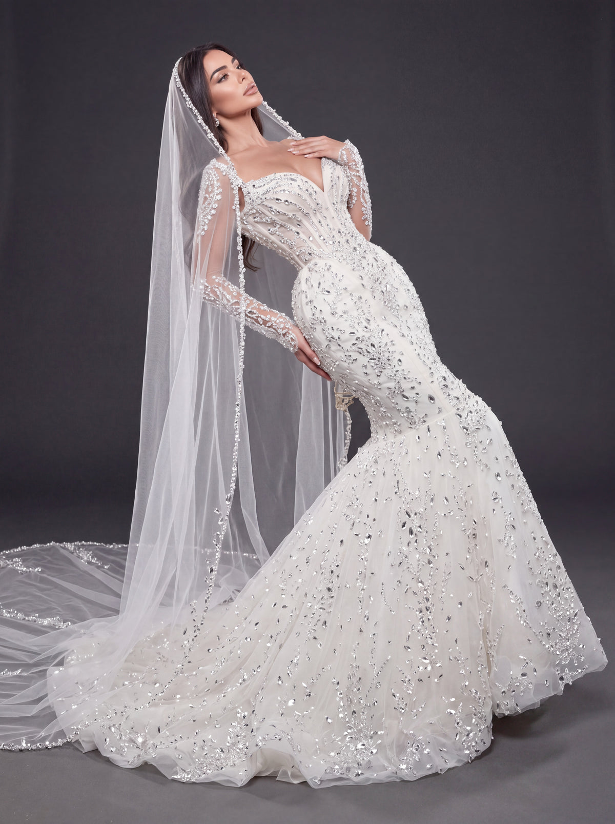Sweetheart Corset Bridal Dress with Illusion Sleeves & Long Veil – Ivory Crystal & Pearl Embellished Mermaid Wedding Gown