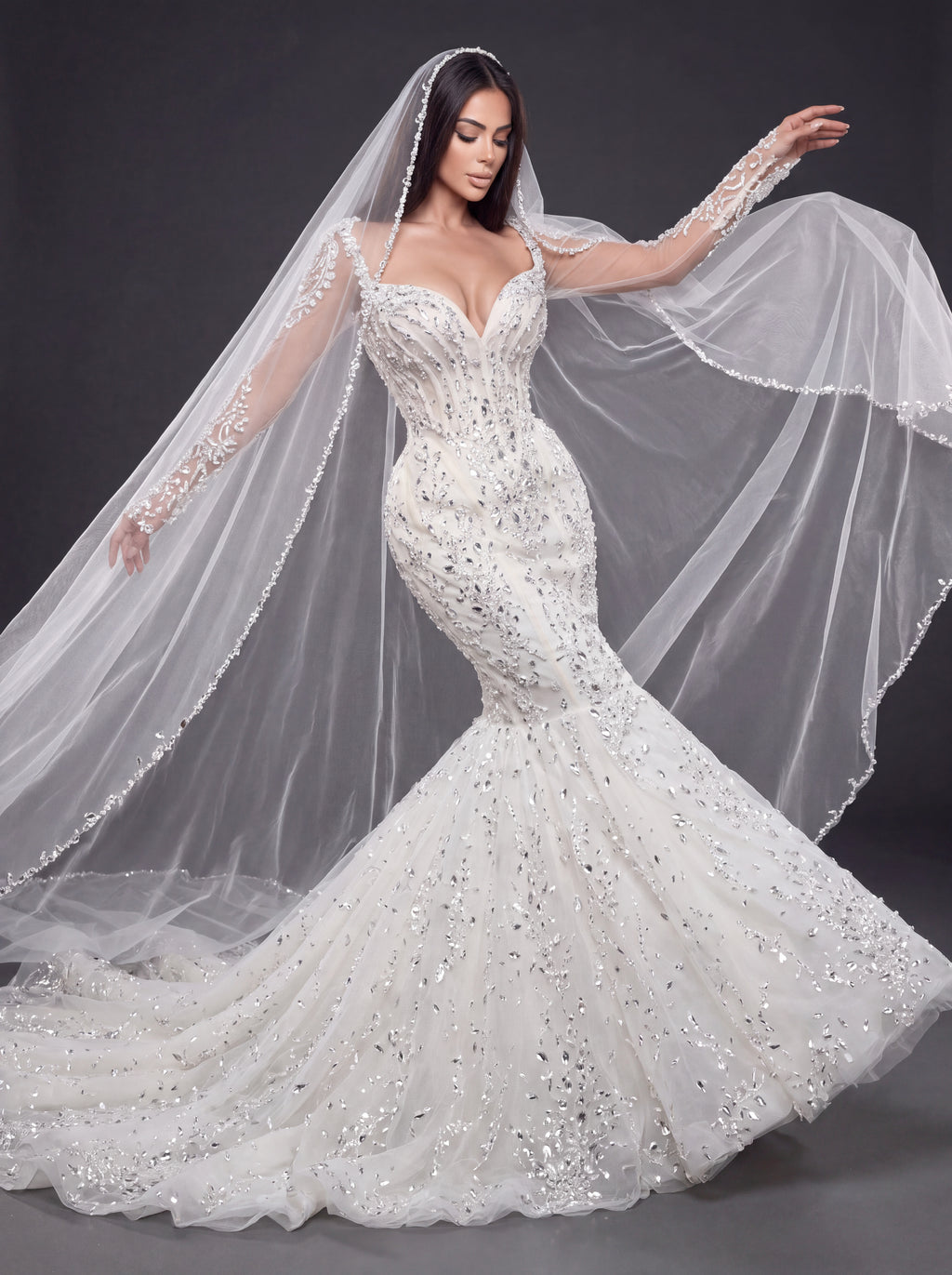 Sweetheart Corset Bridal Dress with Illusion Sleeves & Long Veil – Ivory Crystal & Pearl Embellished Mermaid Wedding Gown