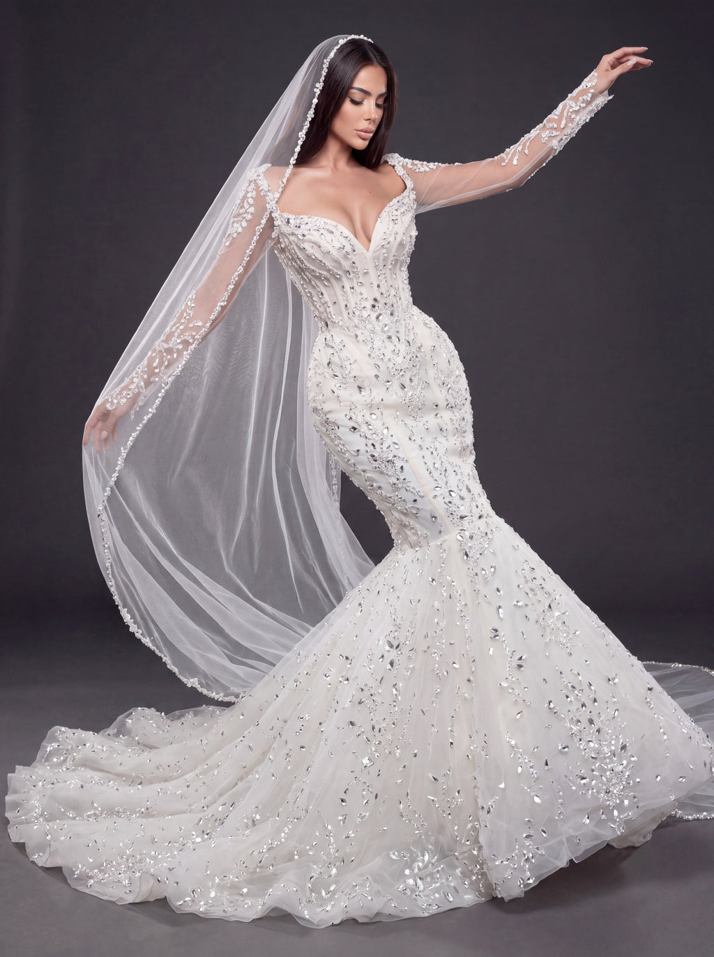 Sweetheart Corset Bridal Dress with Illusion Sleeves & Long Veil – Ivory Crystal & Pearl Embellished Mermaid Wedding Gown
