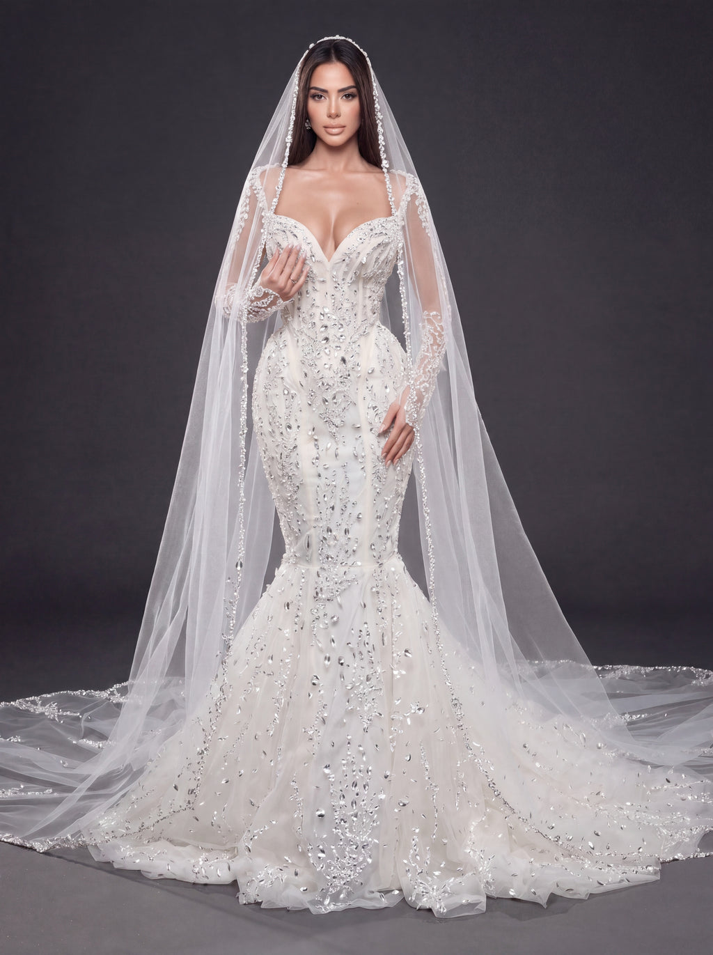 Sweetheart Corset Bridal Dress with Illusion Sleeves & Long Veil – Ivory Crystal & Pearl Embellished Mermaid Wedding Gown