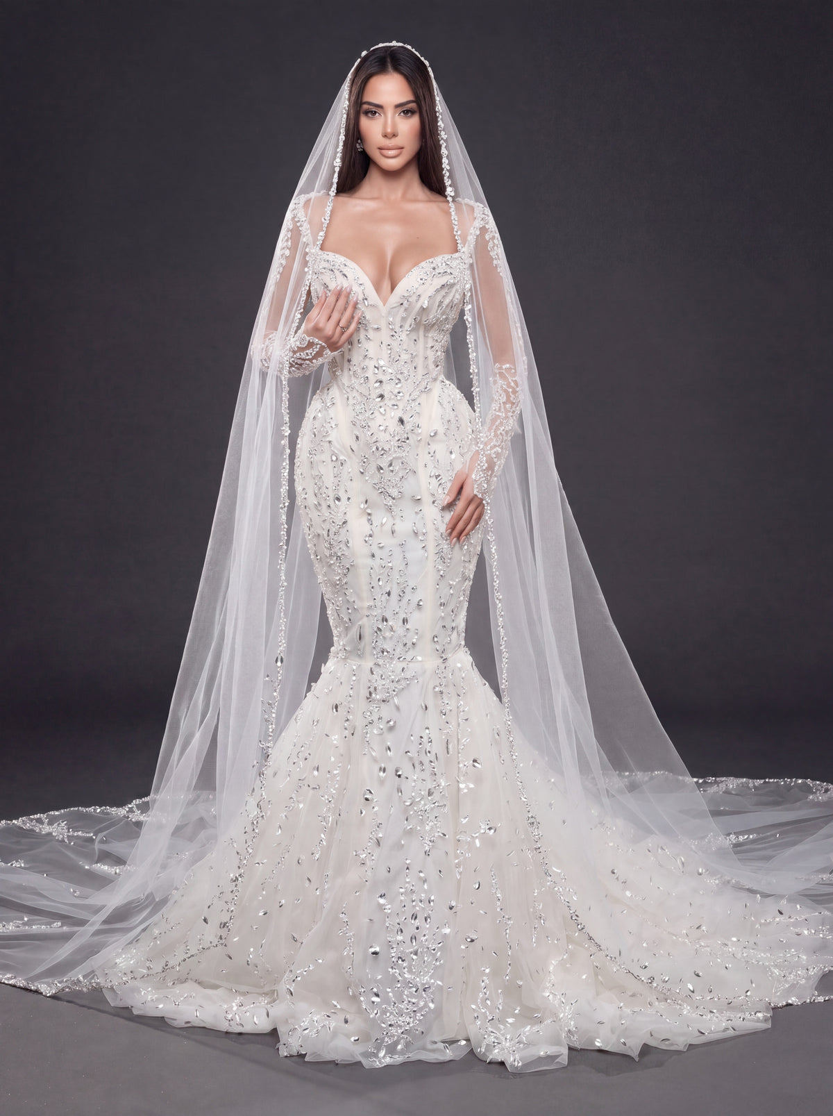 Sweetheart Corset Bridal Dress with Illusion Sleeves & Long Veil – Ivory Crystal & Pearl Embellished Mermaid Wedding Gown