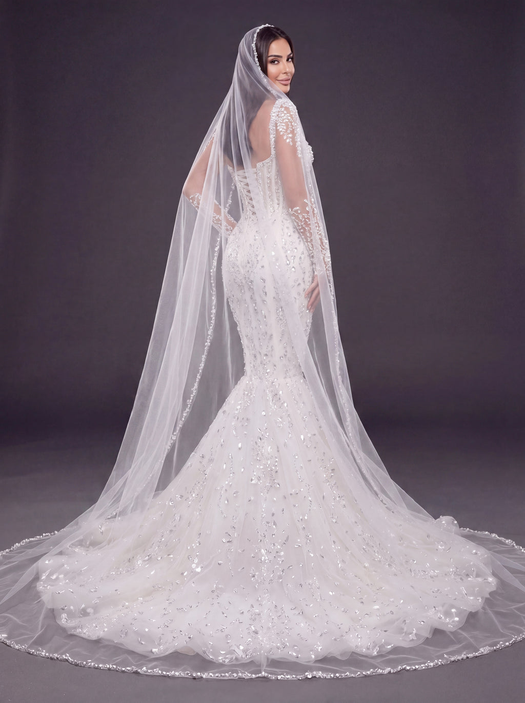 Sweetheart Corset Bridal Dress with Illusion Sleeves & Long Veil – Ivory Crystal & Pearl Embellished Mermaid Wedding Gown