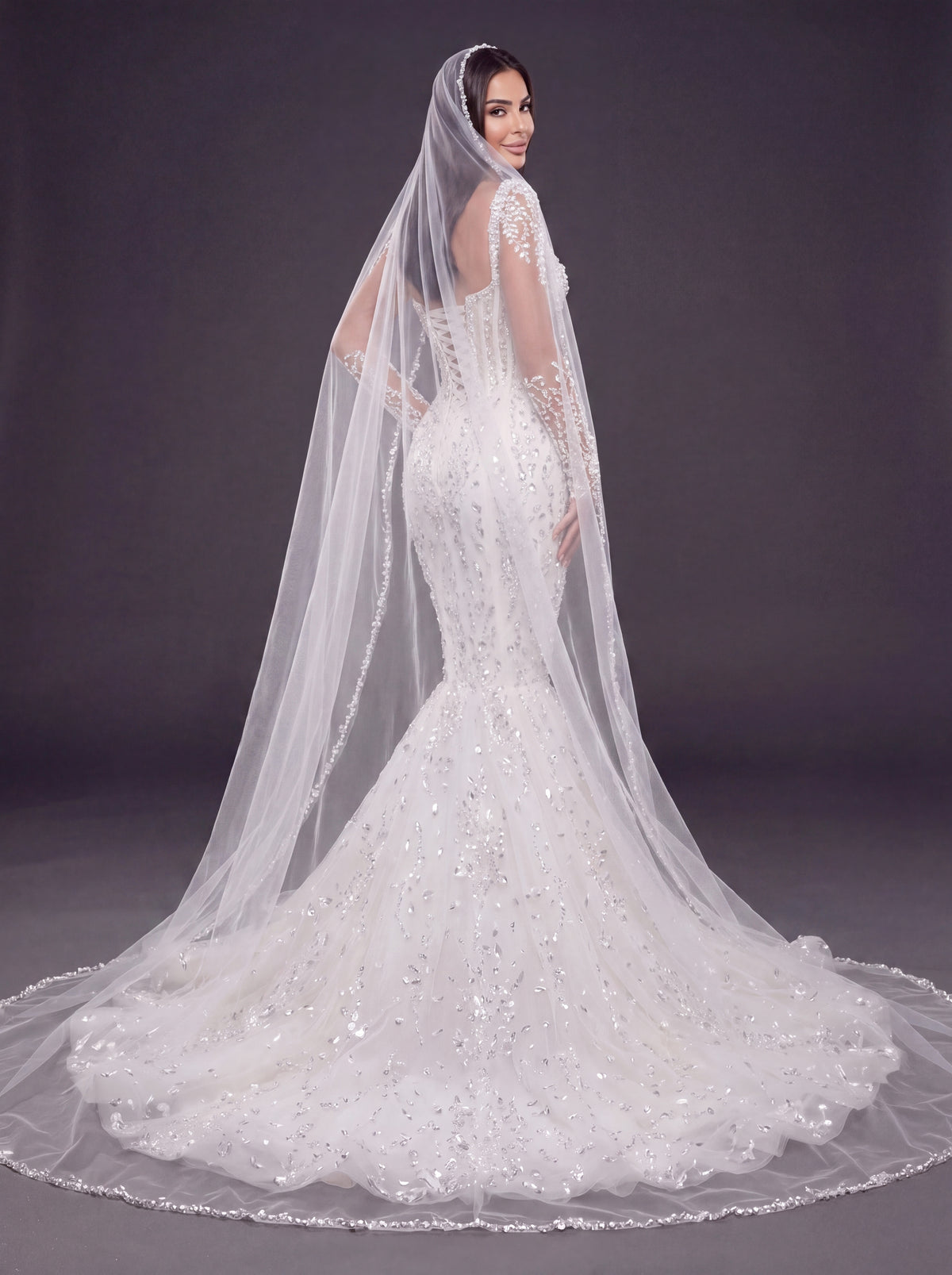 Sweetheart Corset Bridal Dress with Illusion Sleeves & Long Veil – Ivory Crystal & Pearl Embellished Mermaid Wedding Gown