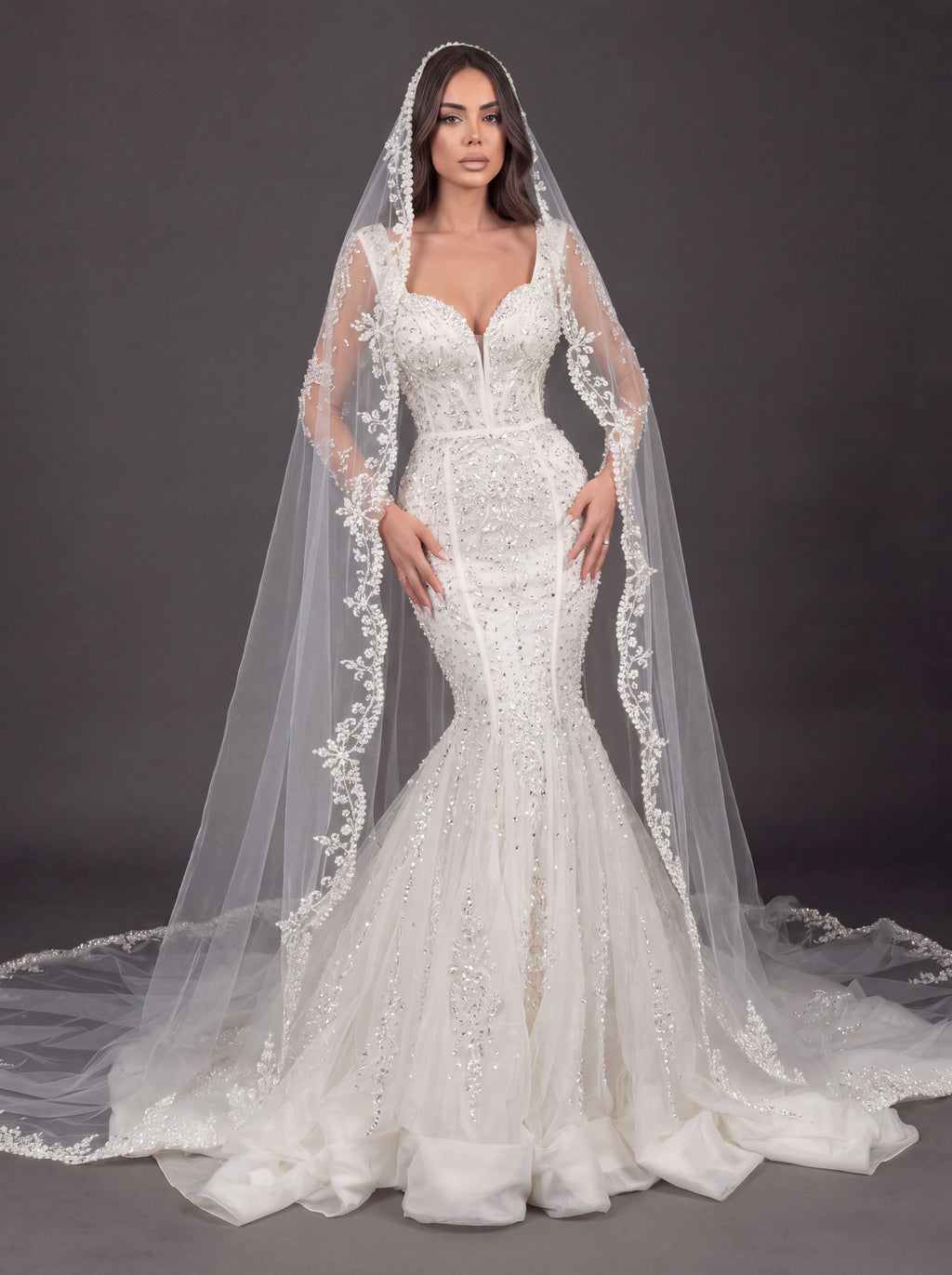 Sweetheart Corset Bridal Dress with Lace Sleeves & Floor-Length Veil – Ivory Crystal Embellished Mermaid Wedding Gown