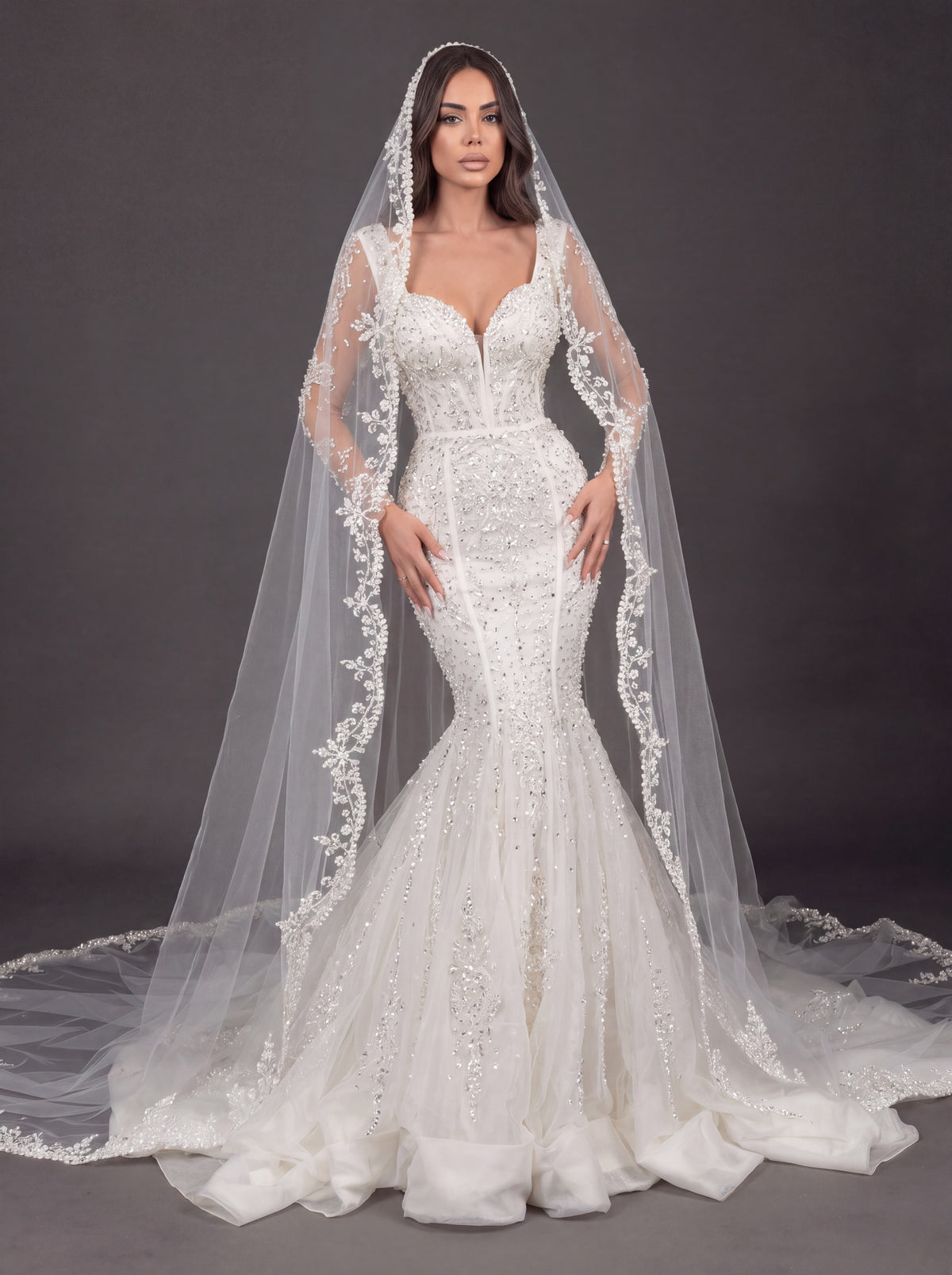 Sweetheart Corset Bridal Dress with Lace Sleeves & Floor-Length Veil – Ivory Crystal Embellished Mermaid Wedding Gown