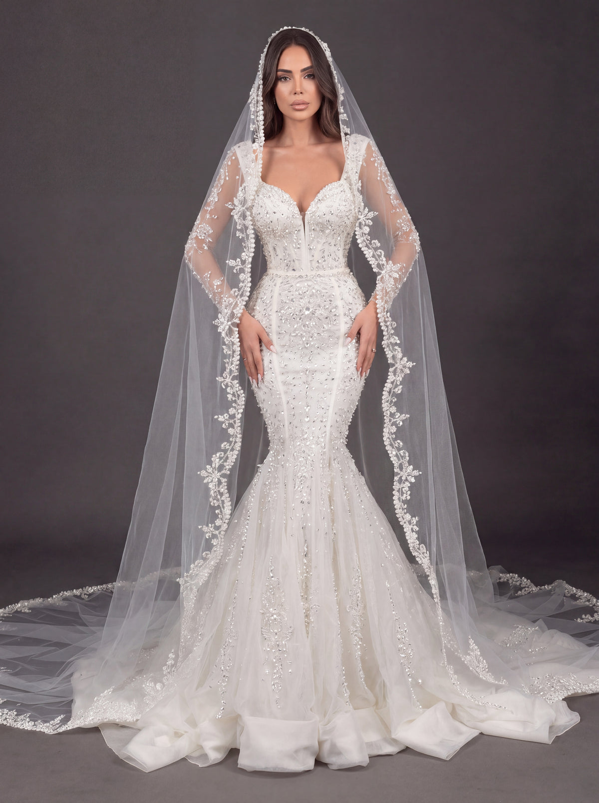 Sweetheart Corset Bridal Dress with Lace Sleeves & Floor-Length Veil – Ivory Crystal Embellished Mermaid Wedding Gown