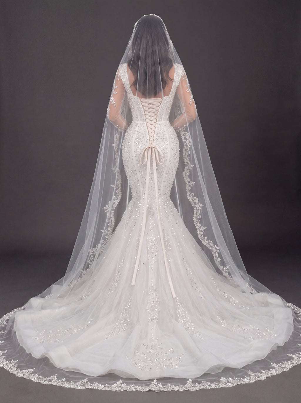 Sweetheart Corset Bridal Dress with Lace Sleeves & Floor-Length Veil – Ivory Crystal Embellished Mermaid Wedding Gown