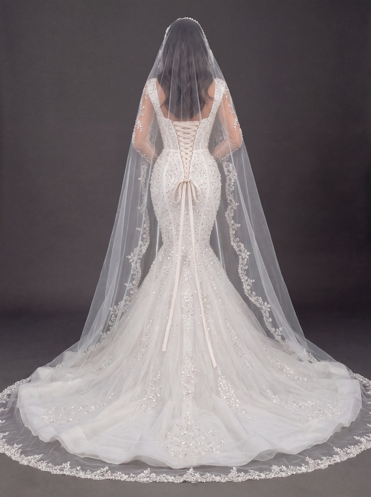 Sweetheart Corset Bridal Dress with Lace Sleeves & Floor-Length Veil – Ivory Crystal Embellished Mermaid Wedding Gown
