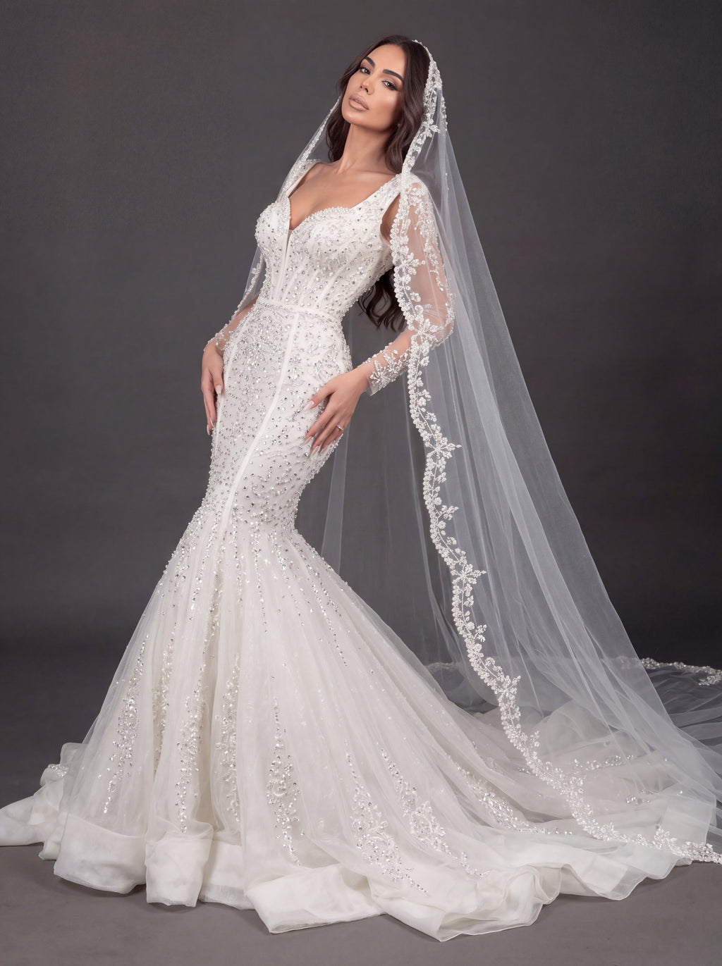 Sweetheart Corset Bridal Dress with Lace Sleeves & Floor-Length Veil – Ivory Crystal Embellished Mermaid Wedding Gown