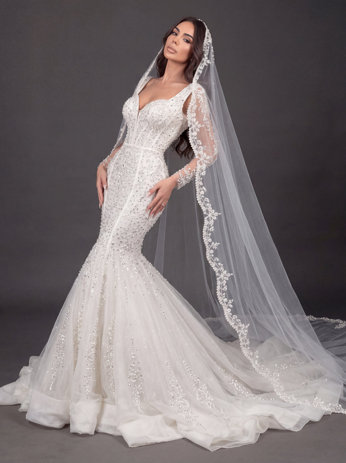 Sweetheart Corset Bridal Dress with Lace Sleeves & Floor-Length Veil – Ivory Crystal Embellished Mermaid Wedding Gown