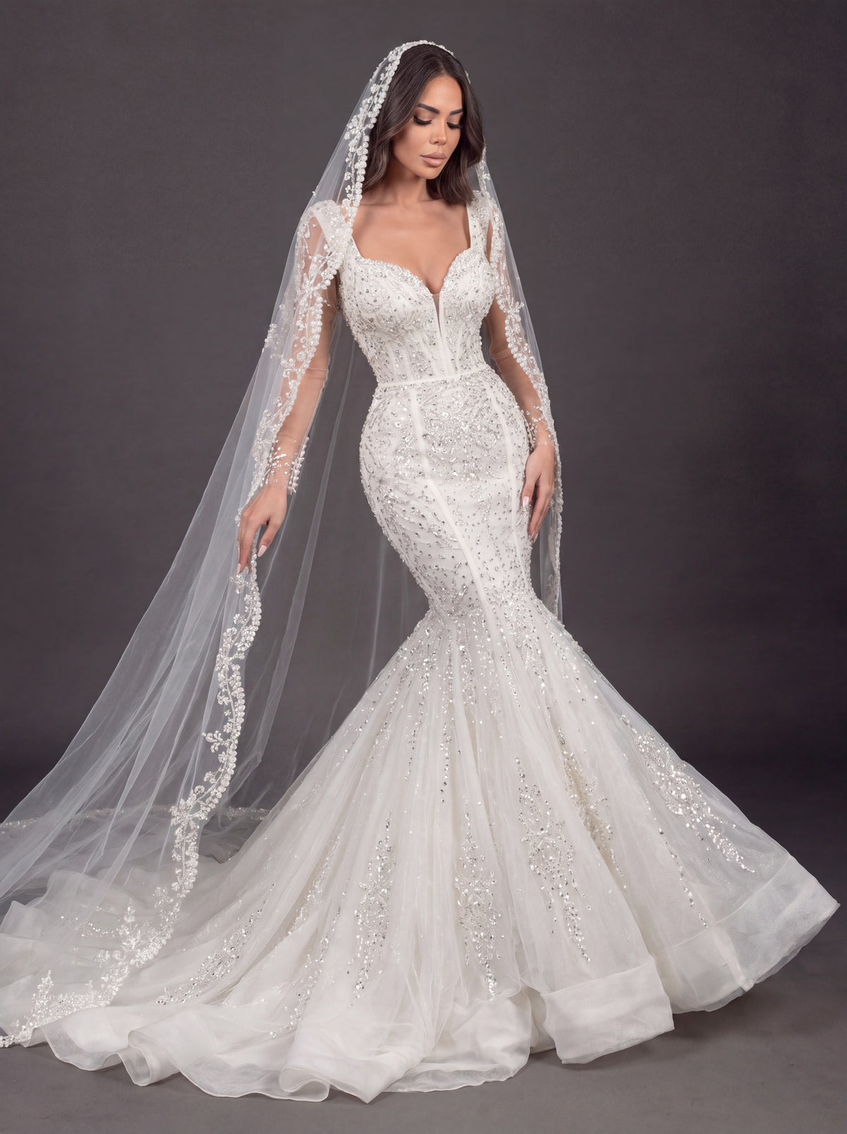 Sweetheart Corset Bridal Dress with Lace Sleeves & Floor-Length Veil – Ivory Crystal Embellished Mermaid Wedding Gown