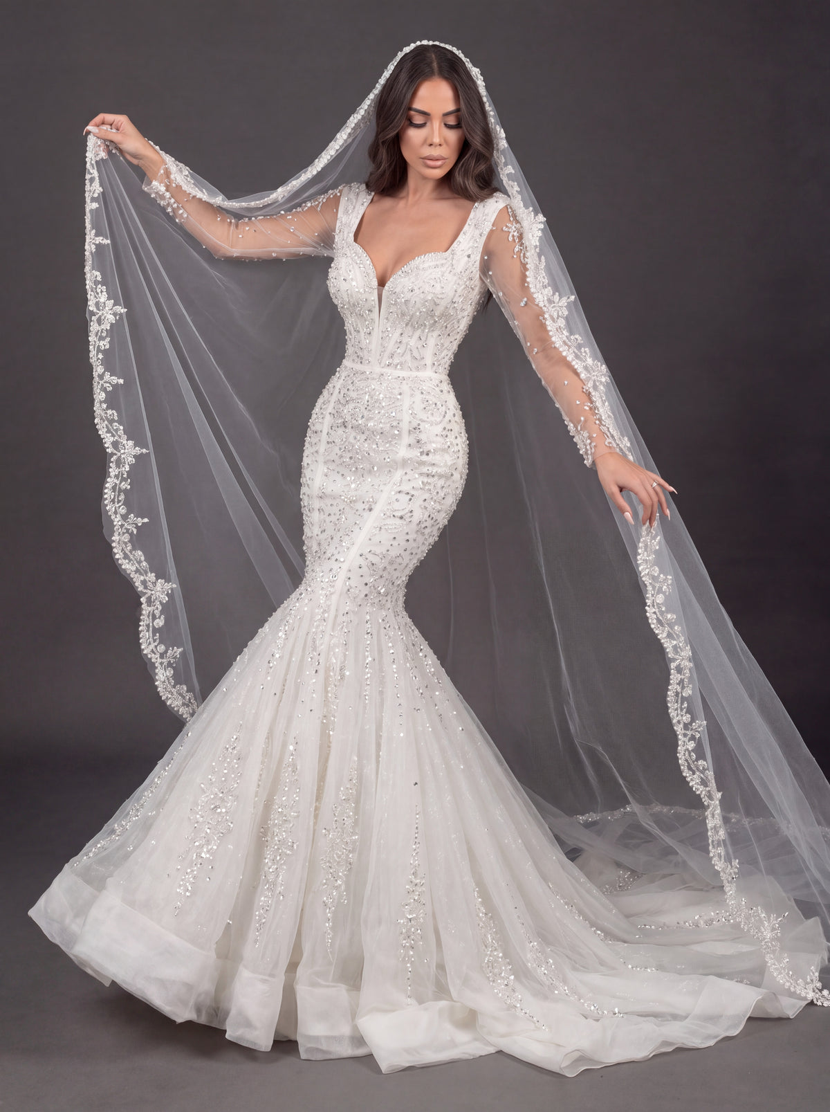 Sweetheart Corset Bridal Dress with Lace Sleeves & Floor-Length Veil – Ivory Crystal Embellished Mermaid Wedding Gown