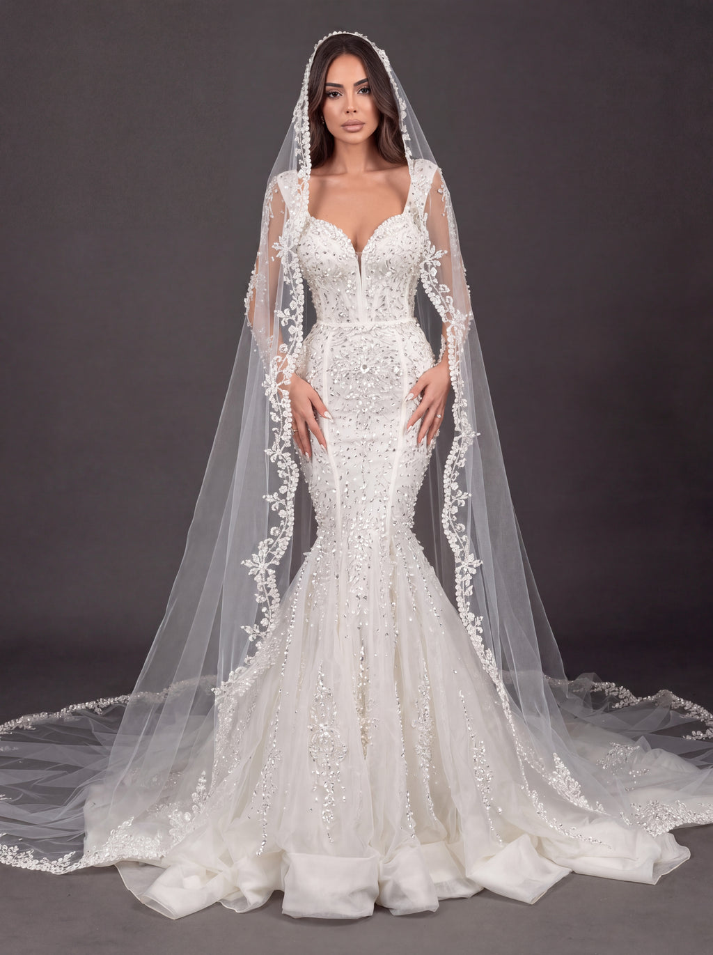 Sweetheart Corset Bridal Dress with Lace Sleeves & Floor-Length Veil – Ivory Crystal Embellished Mermaid Wedding Gown