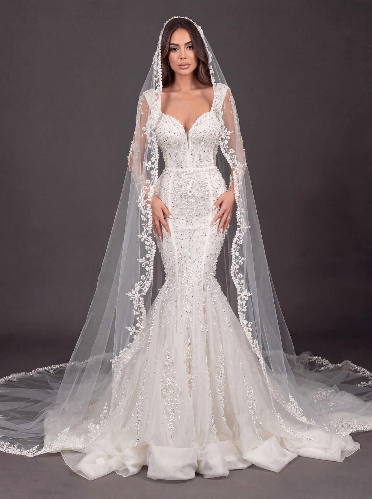Sweetheart Corset Bridal Dress with Lace Sleeves & Floor-Length Veil – Ivory Crystal Embellished Mermaid Wedding Gown
