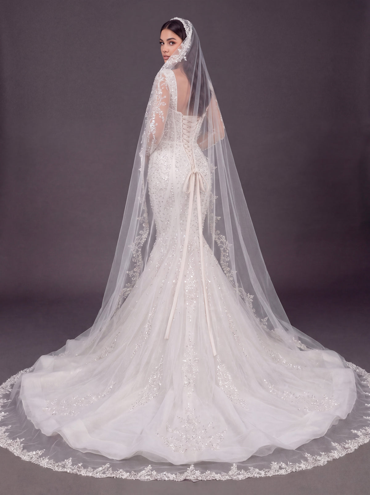 Sweetheart Corset Bridal Dress with Lace Sleeves & Floor-Length Veil – Ivory Crystal Embellished Mermaid Wedding Gown