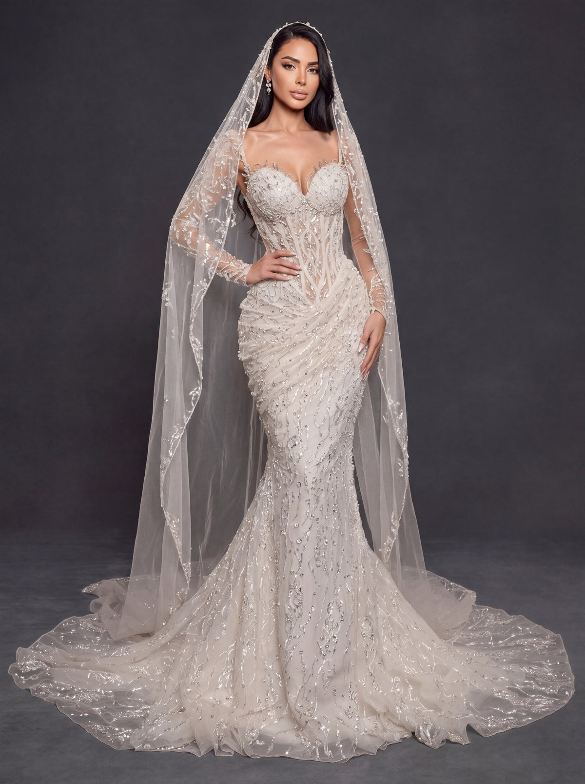 Sheer Corset Bridal Dress with Sweetheart Neckline & Cathedral Veil – Ivory Crystal Embellished Mermaid Wedding Gown