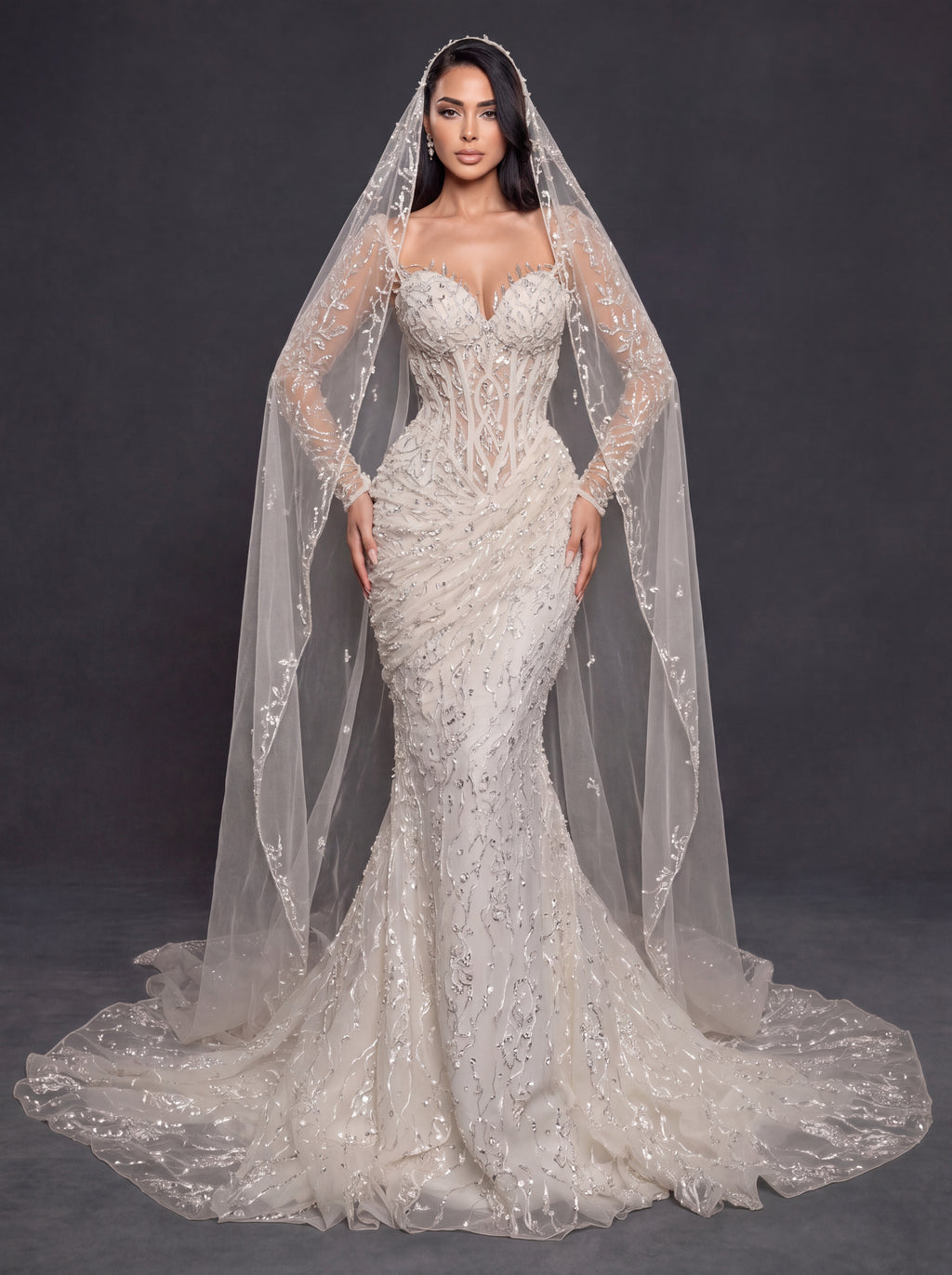 Sheer Corset Bridal Dress with Sweetheart Neckline & Cathedral Veil – Ivory Crystal Embellished Mermaid Wedding Gown