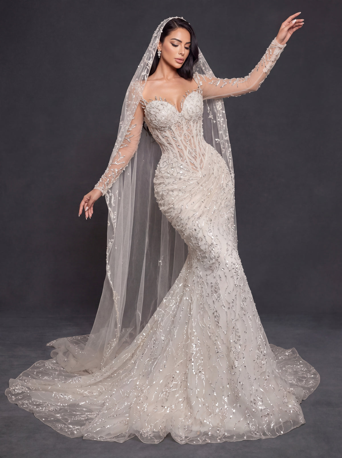 Sheer Corset Bridal Dress with Sweetheart Neckline & Cathedral Veil – Ivory Crystal Embellished Mermaid Wedding Gown