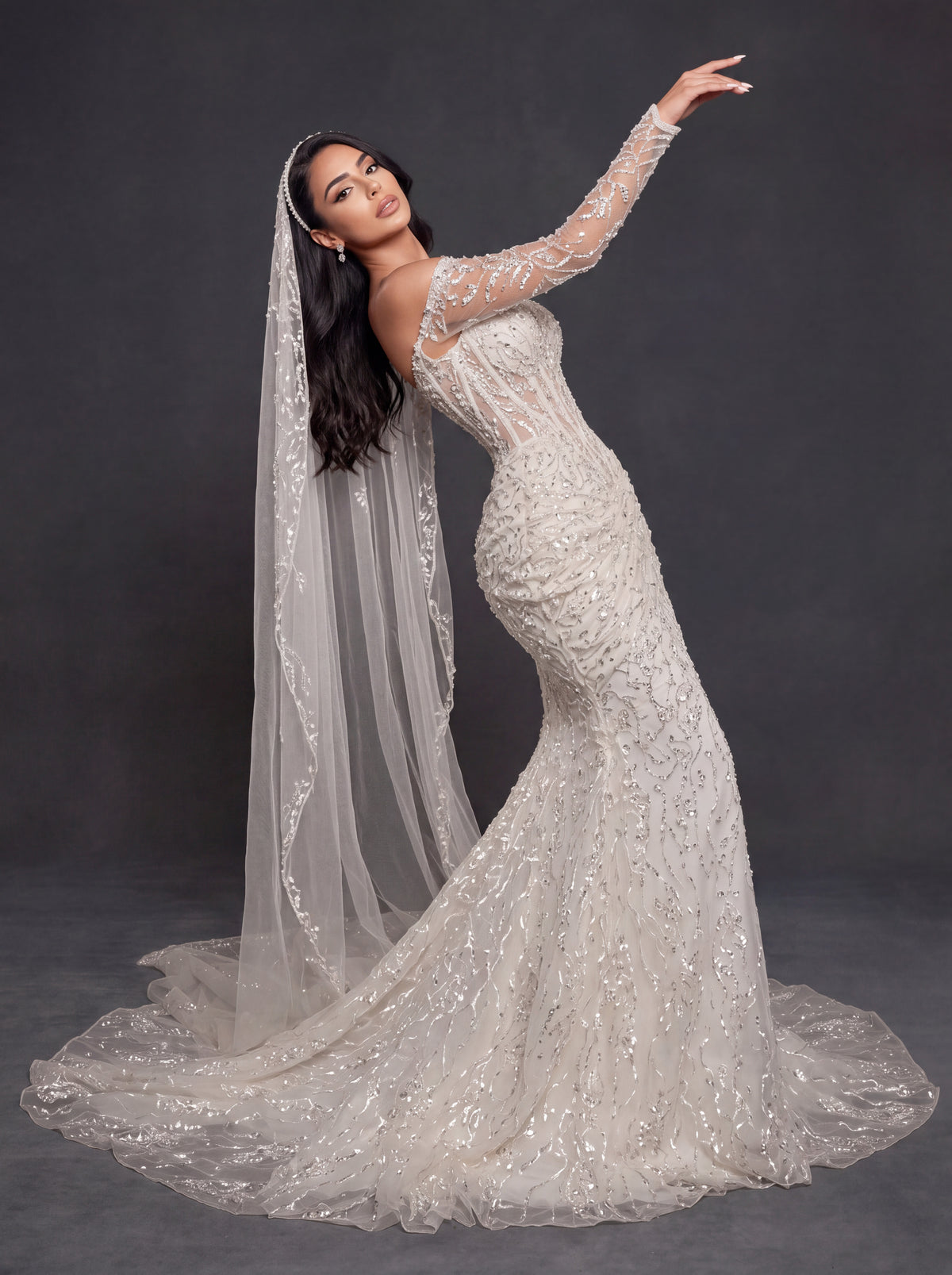 Sheer Corset Bridal Dress with Sweetheart Neckline & Cathedral Veil – Ivory Crystal Embellished Mermaid Wedding Gown