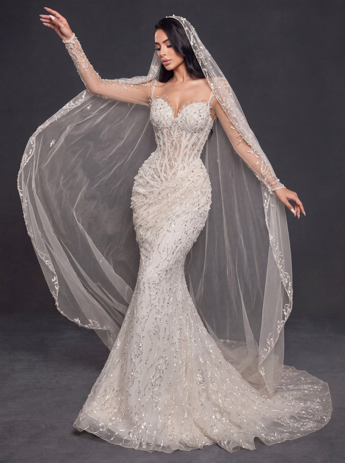 Sheer Corset Bridal Dress with Sweetheart Neckline & Cathedral Veil – Ivory Crystal Embellished Mermaid Wedding Gown