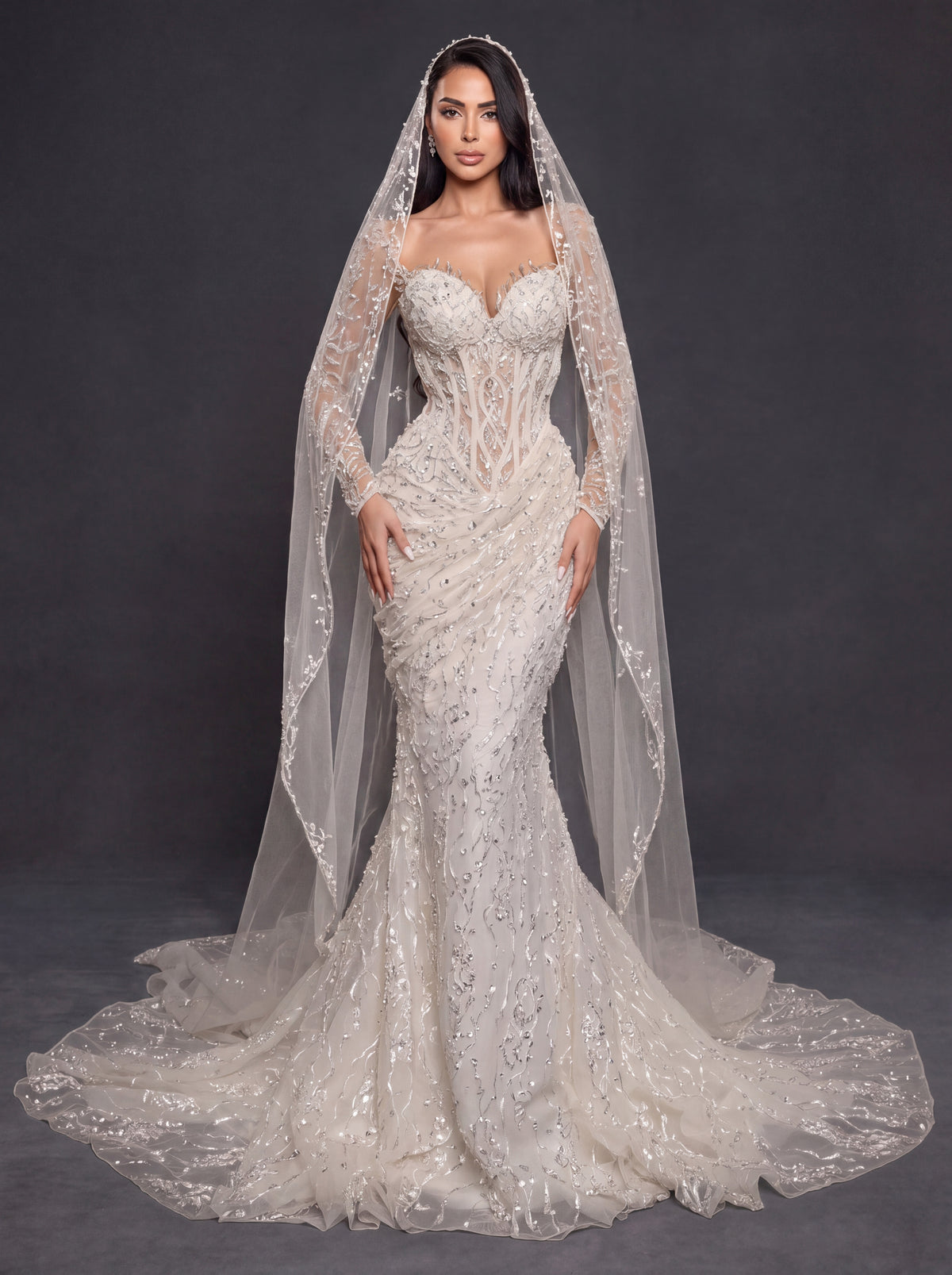 Sheer Corset Bridal Dress with Sweetheart Neckline & Cathedral Veil – Ivory Crystal Embellished Mermaid Wedding Gown