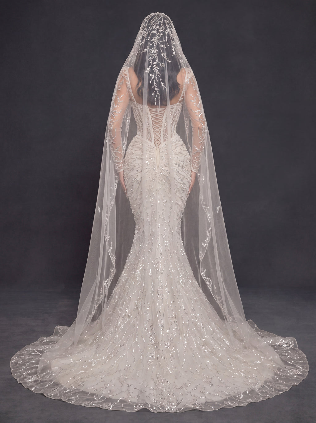 Sheer Corset Bridal Dress with Sweetheart Neckline & Cathedral Veil – Ivory Crystal Embellished Mermaid Wedding Gown