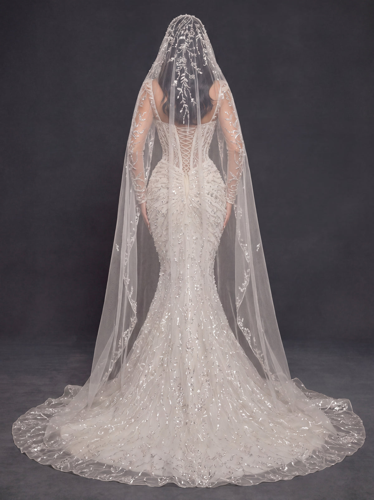 Sheer Corset Bridal Dress with Sweetheart Neckline & Cathedral Veil – Ivory Crystal Embellished Mermaid Wedding Gown