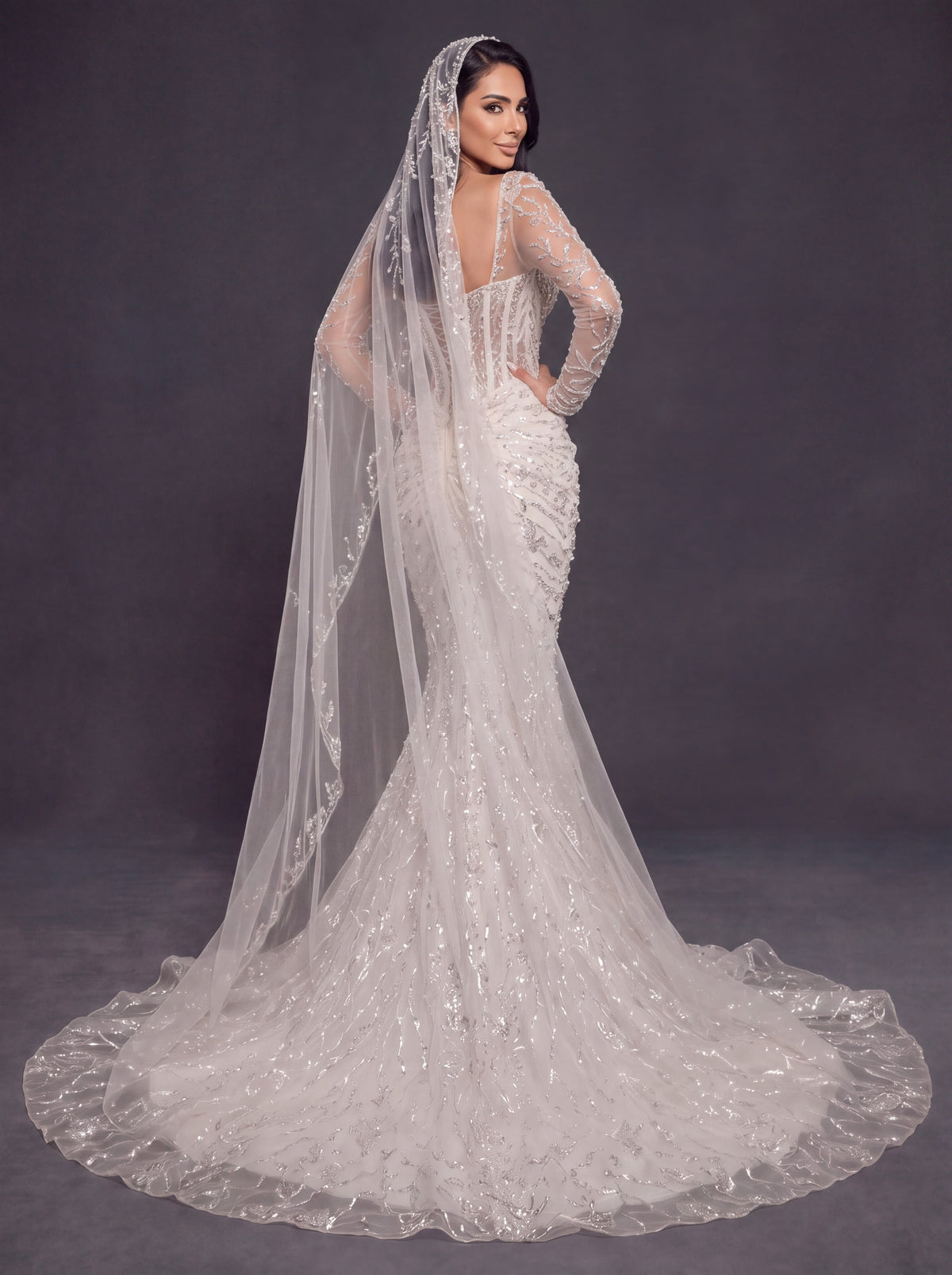 Sheer Corset Bridal Dress with Sweetheart Neckline & Cathedral Veil – Ivory Crystal Embellished Mermaid Wedding Gown