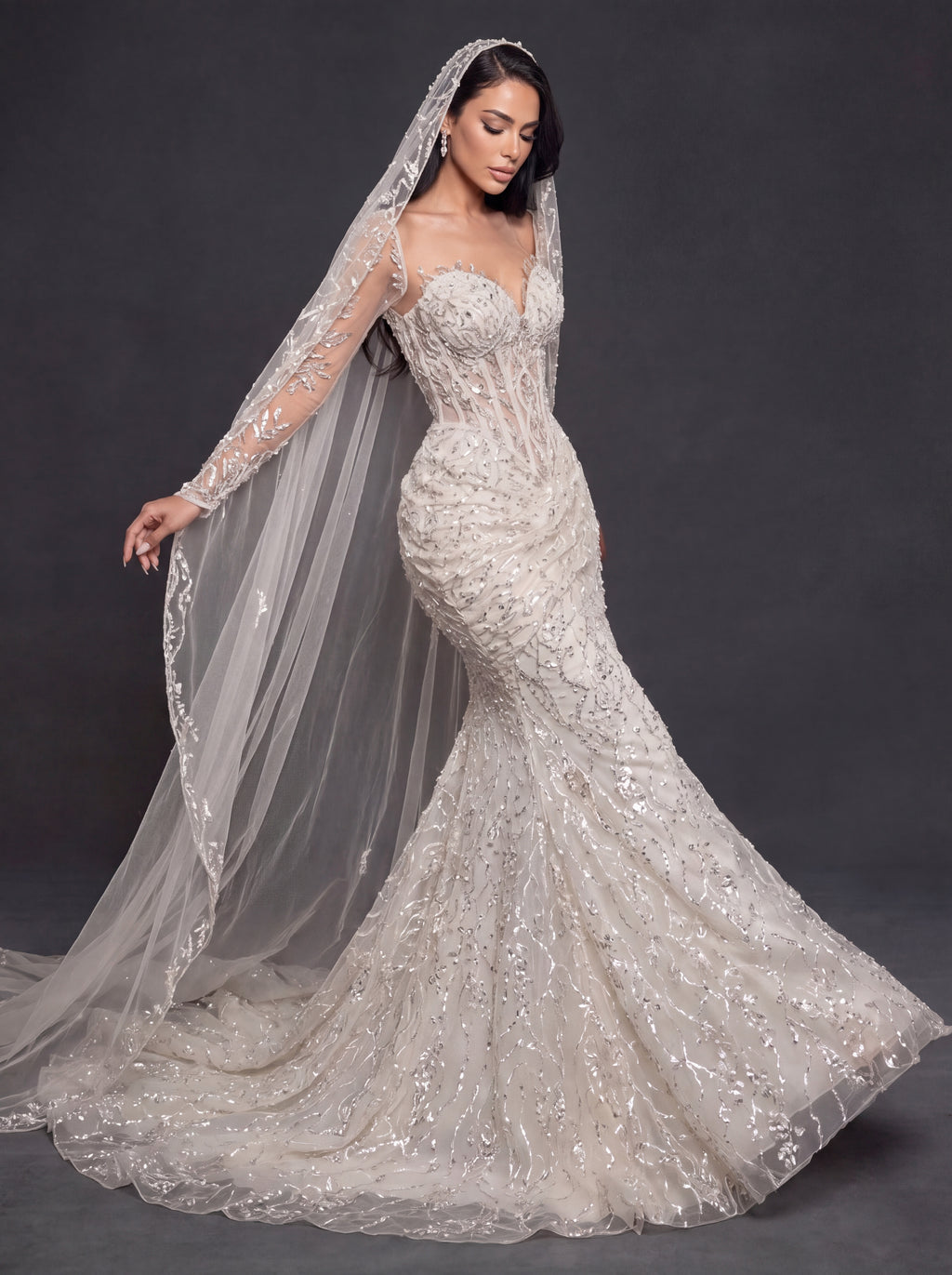 Sheer Corset Bridal Dress with Sweetheart Neckline & Cathedral Veil – Ivory Crystal Embellished Mermaid Wedding Gown
