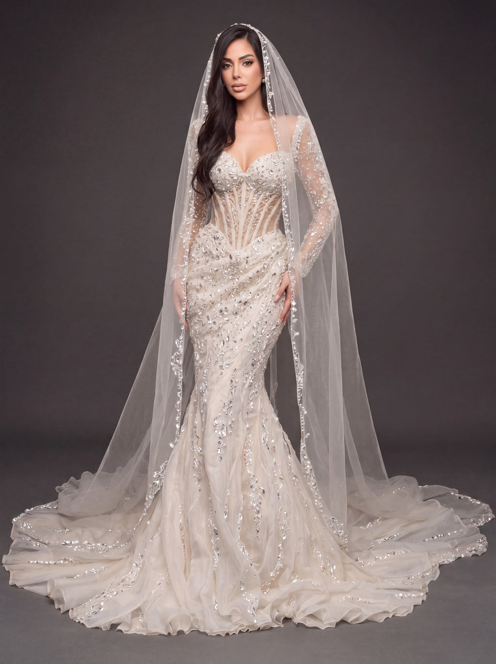 Sheer Sweetheart Bridal Dress with Long Sleeves & Cathedral Veil – Ivory Crystal Embellished Corset Mermaid Wedding Gown