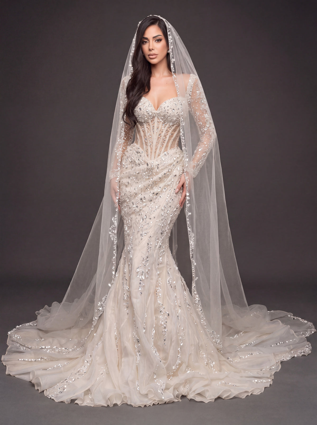 Sheer Sweetheart Bridal Dress with Long Sleeves & Cathedral Veil – Ivory Crystal Embellished Corset Mermaid Wedding Gown