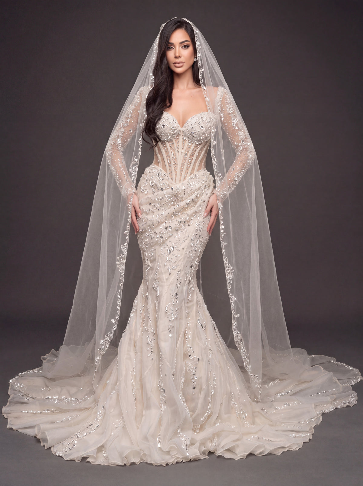 Sheer Sweetheart Bridal Dress with Long Sleeves & Cathedral Veil – Ivory Crystal Embellished Corset Mermaid Wedding Gown